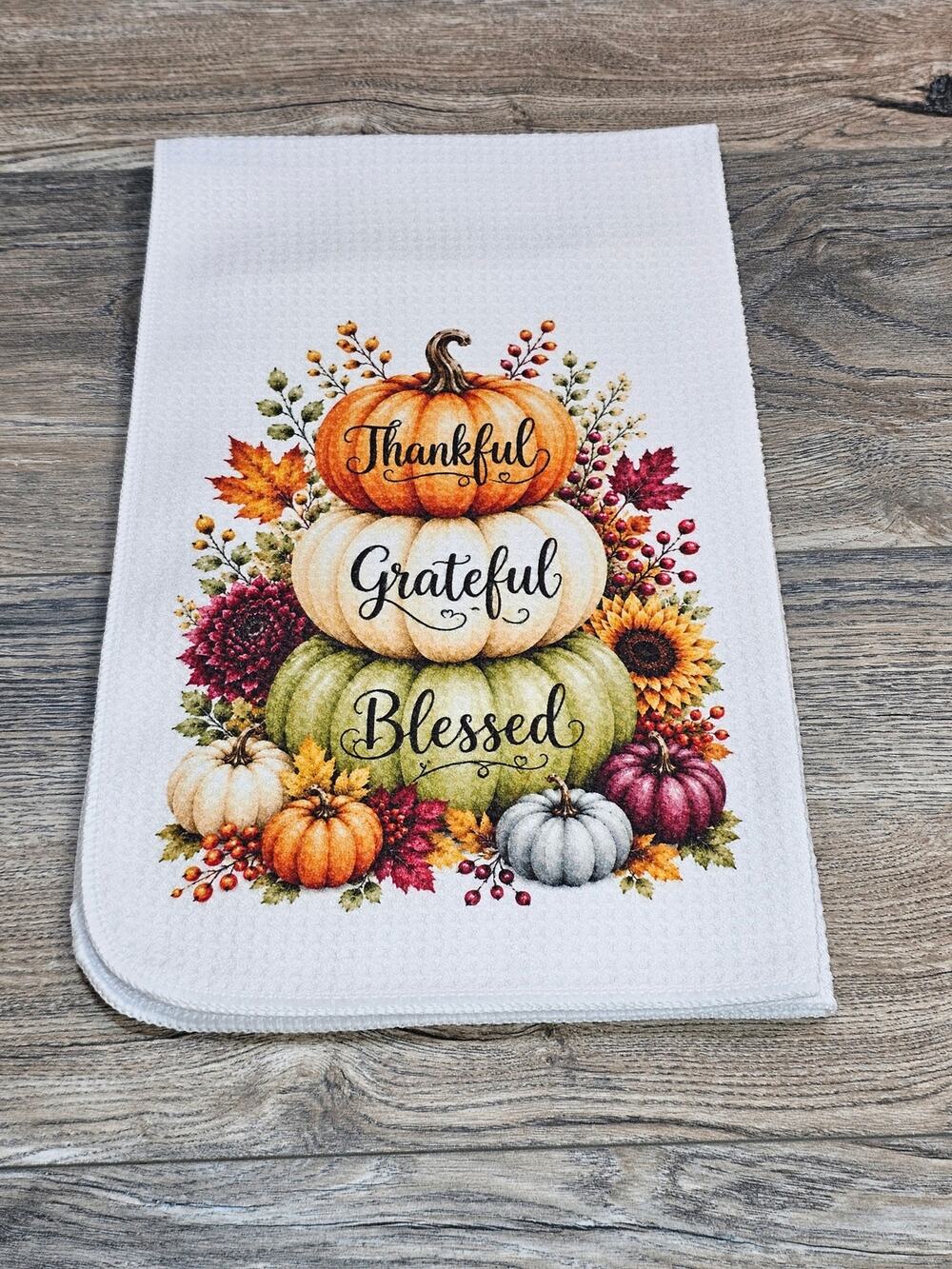 Thankful Grateful Blessed Fall Pumpkin Kitchen Towel Thanksgiving Decor